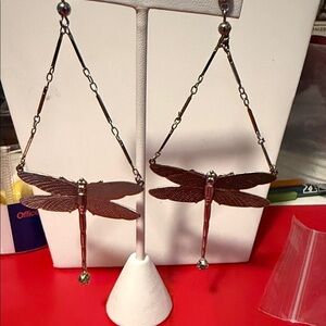 Dragonfly Drop Earrings with Bronze Finish and Crystal Dangles